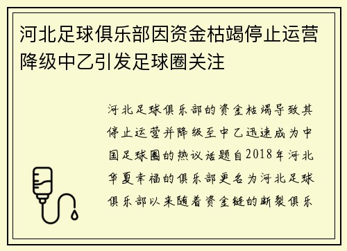 河北足球俱乐部因资金枯竭停止运营降级中乙引发足球圈关注